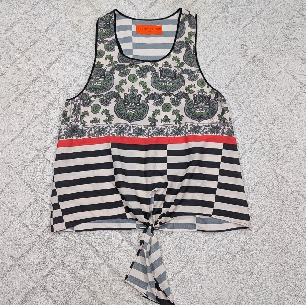Clover Canyon Top Womens M Black White Stripe Paisley Silk Tank Tie Artsy 